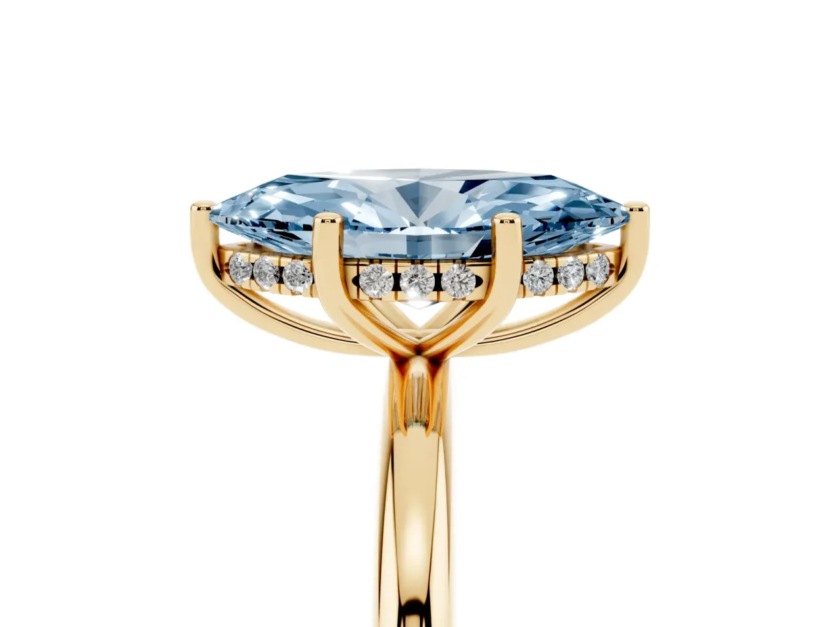 Fancy Blue Marquise Cut Cut Solitaire Engagement Ring with Four-Prong Setting and Classic Band Yellow gold