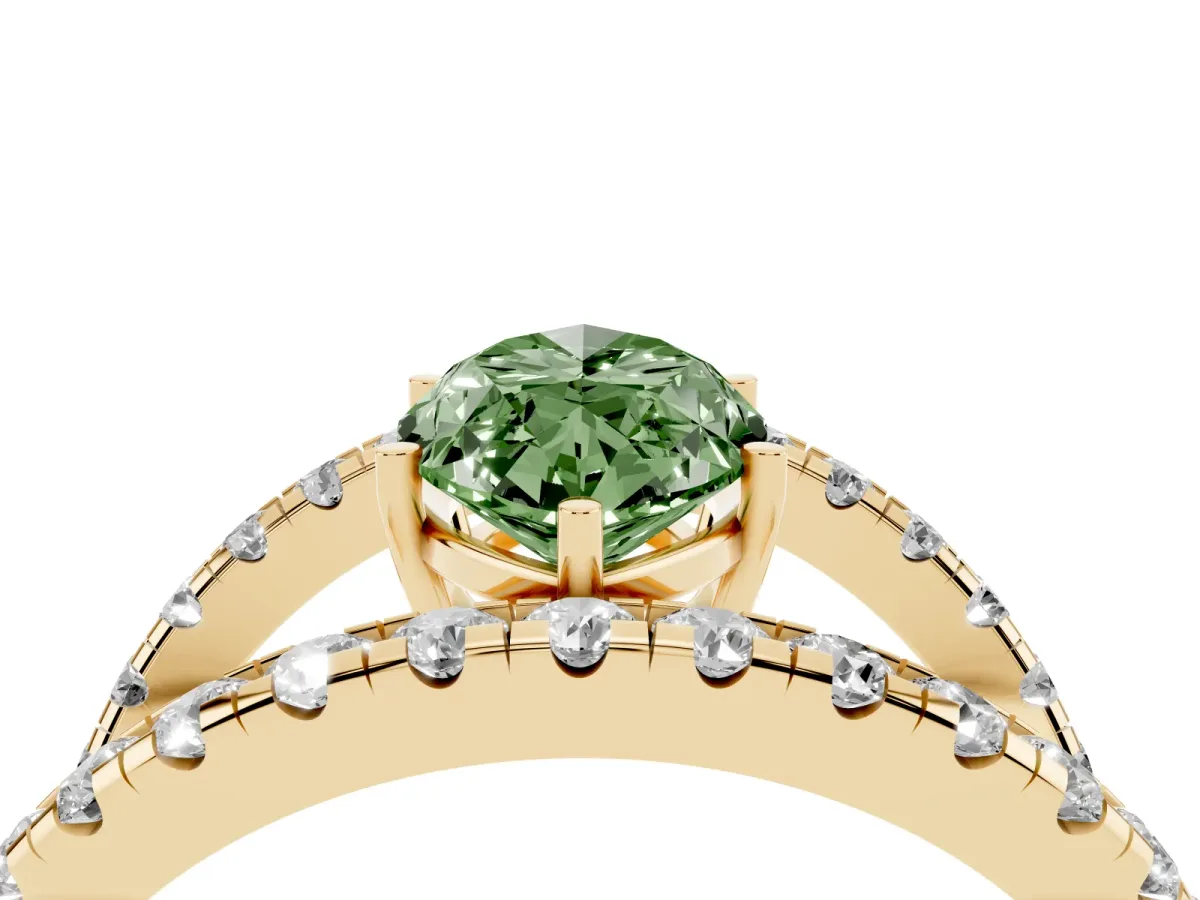 Fancy Green Marquise Cut Solitaire Split Shank Pave Diamond Ring Yellow gold