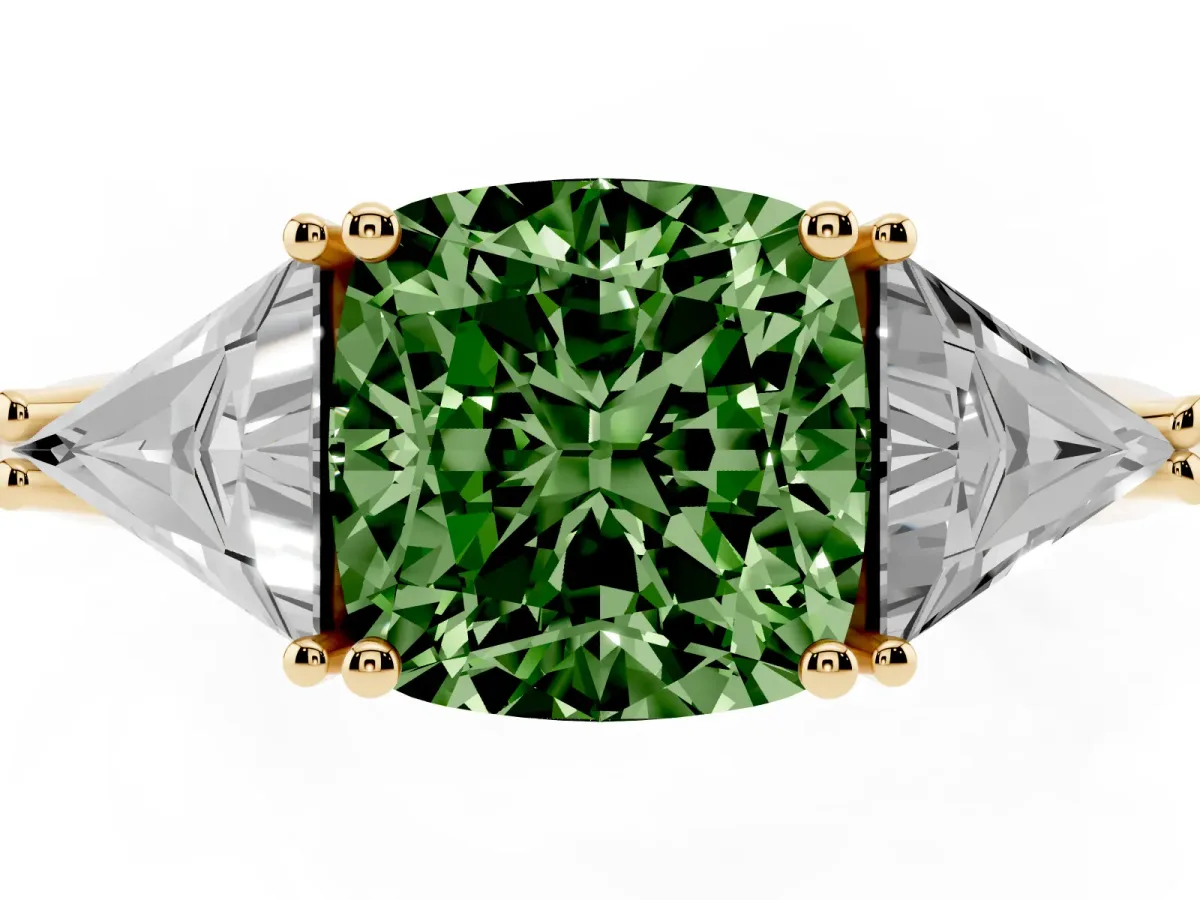 Fancy Green Three-Stone Cushion Cut Diamond Engagement Ring with Trillion Side Stones and Prong Setting Yellow gold