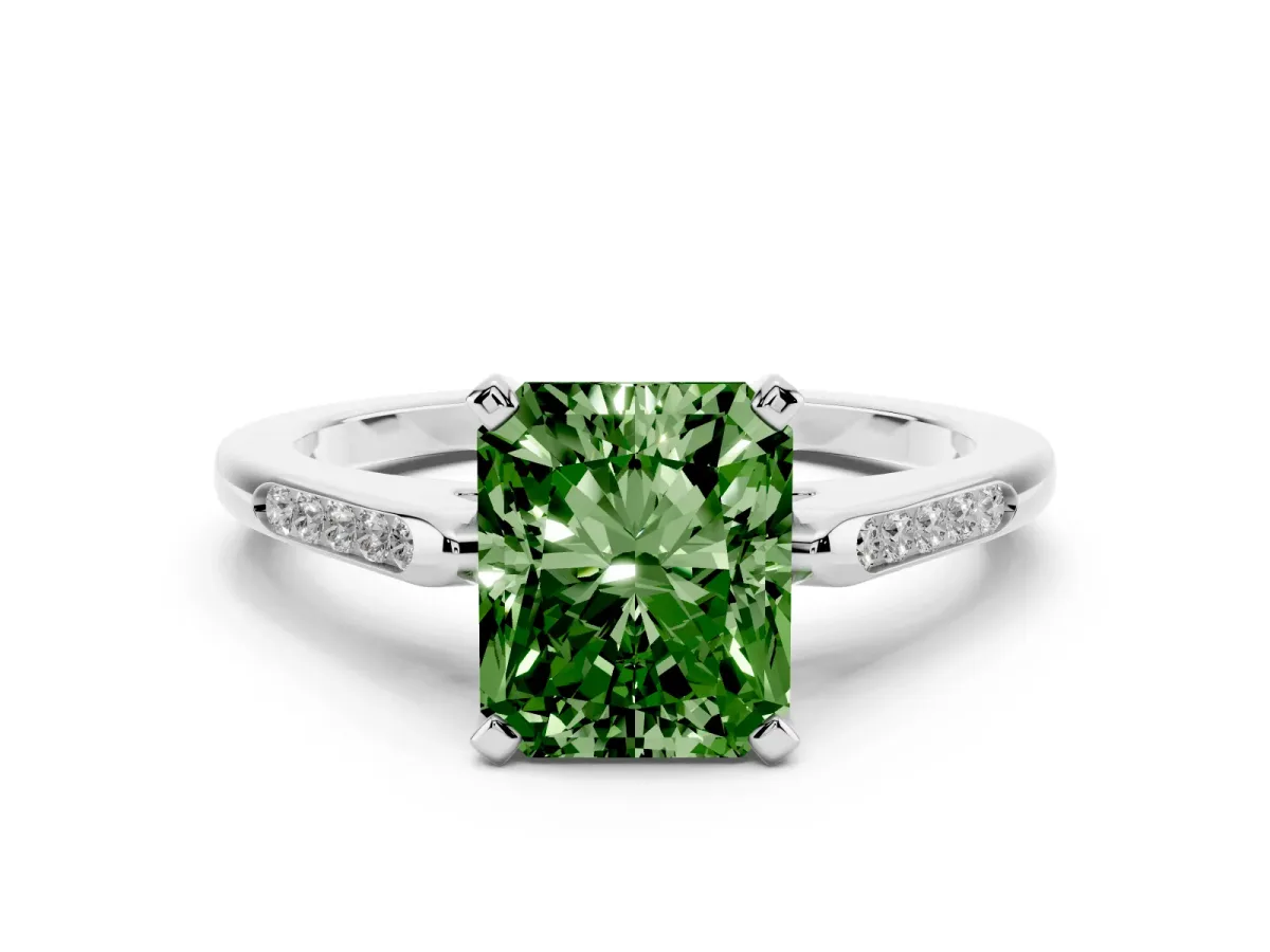 Fancy Green Radiant Cut Diamond Solitaire Ring with Channel Set Round Band and Prong Setting Platinum