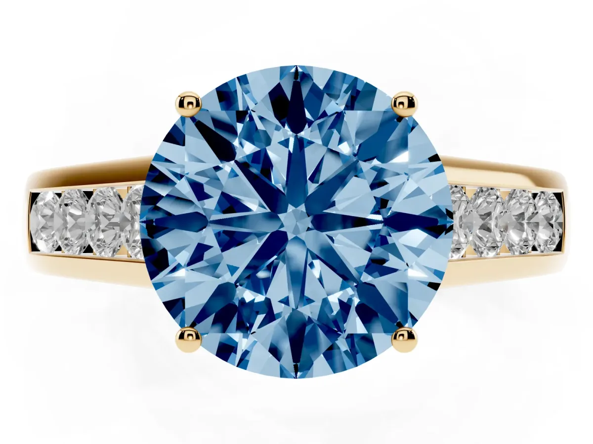 Fancy Blue Round Cut Brilliant Channel-Set Solitaire Ring with Four-Prong Setting Yellow gold