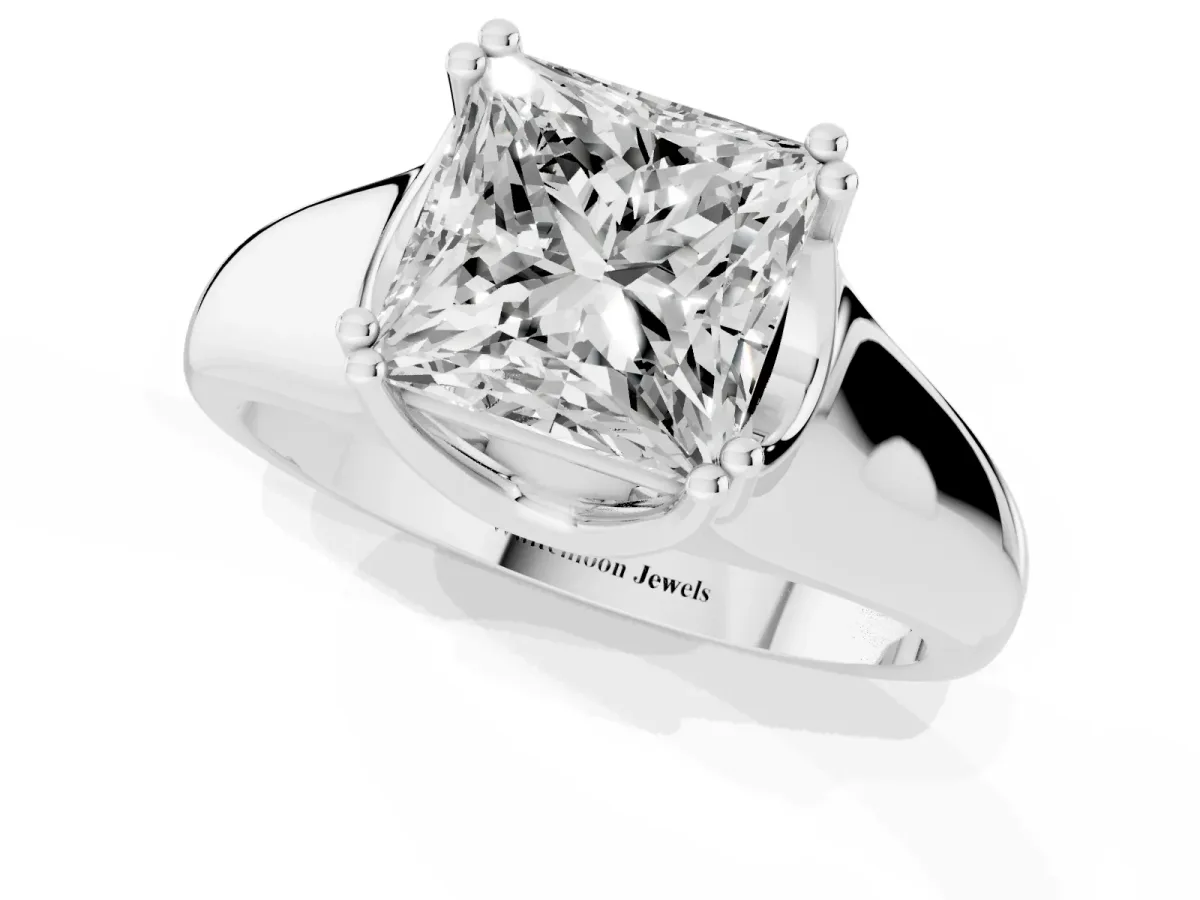 Princess Cut Diamond Solitaire Ring with Wide Band and Prong Setting Platinum
