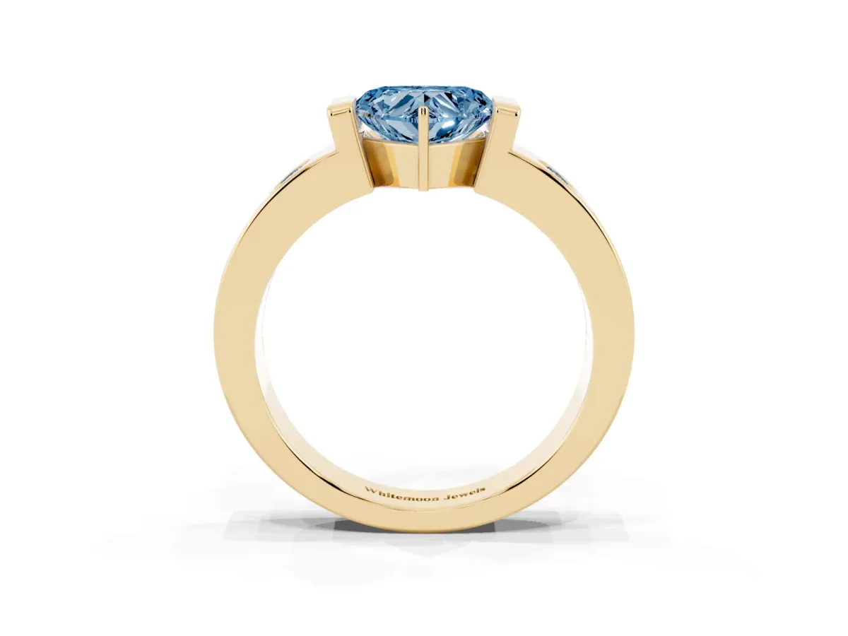 Fancy Blue Heart Cut Brilliant Channel-Set Diamond Ring with Bezel Prong Setting Yellow gold