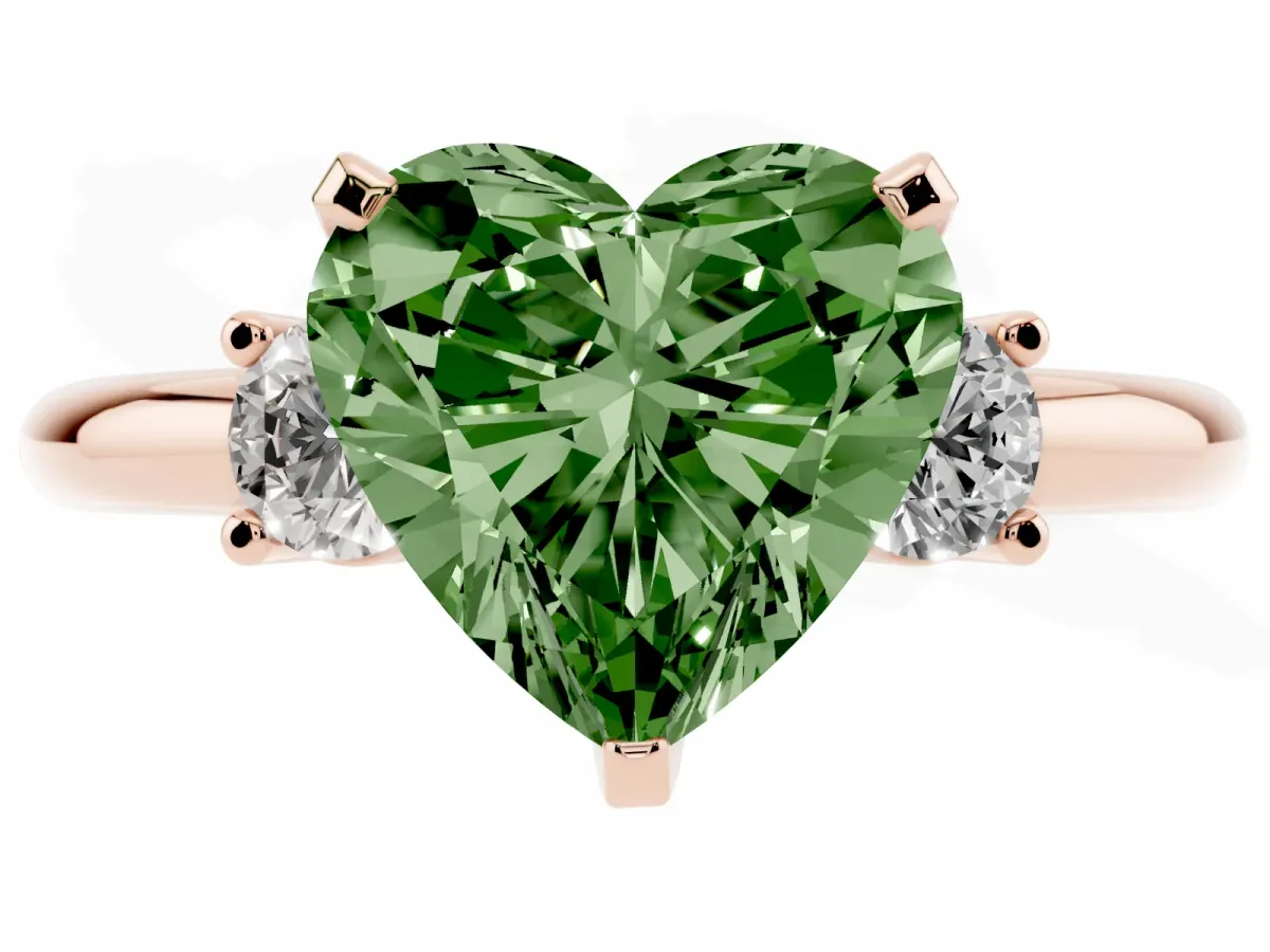 Fancy Green Three-Stone Heart Cut Cut Diamond Solitaire with Prong Setting and Classic Band Rose gold