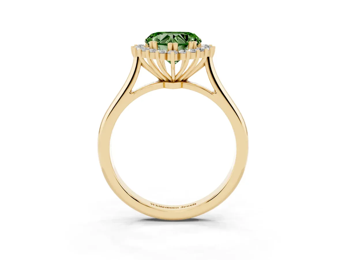 Fancy Green Heart Cut Cut Diamond Halo Ring with Solitaire Band and Prong Setting Yellow gold