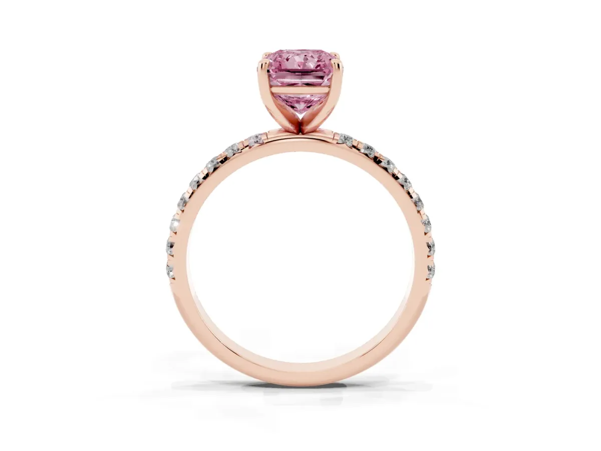Fancy Pink Radiant Cut Cut Diamond Solitaire Ring with Micro Pave Band and Four Prong Setting Rose gold