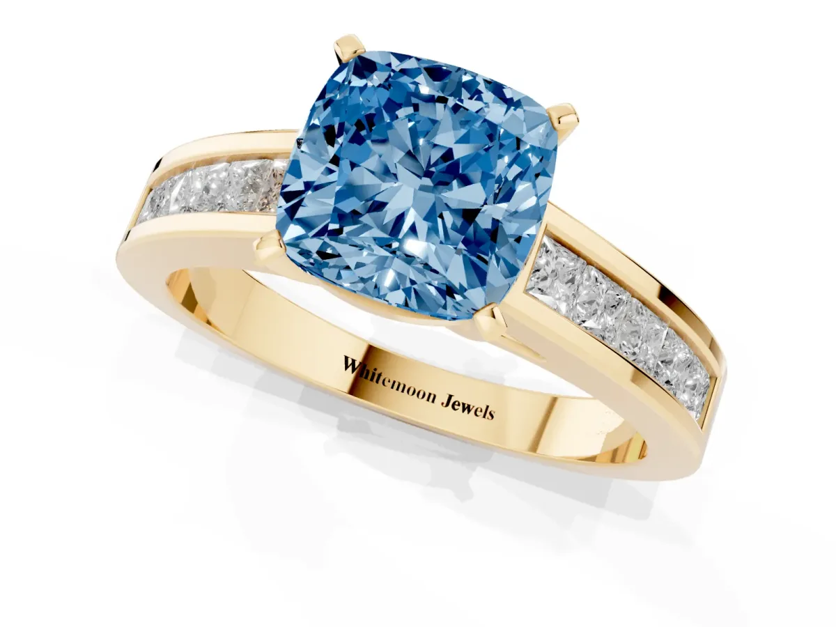 Fancy Blue Cushion Cut Solitaire Diamond Ring with Channel-Set Band and Four-Prong Setting Yellow gold