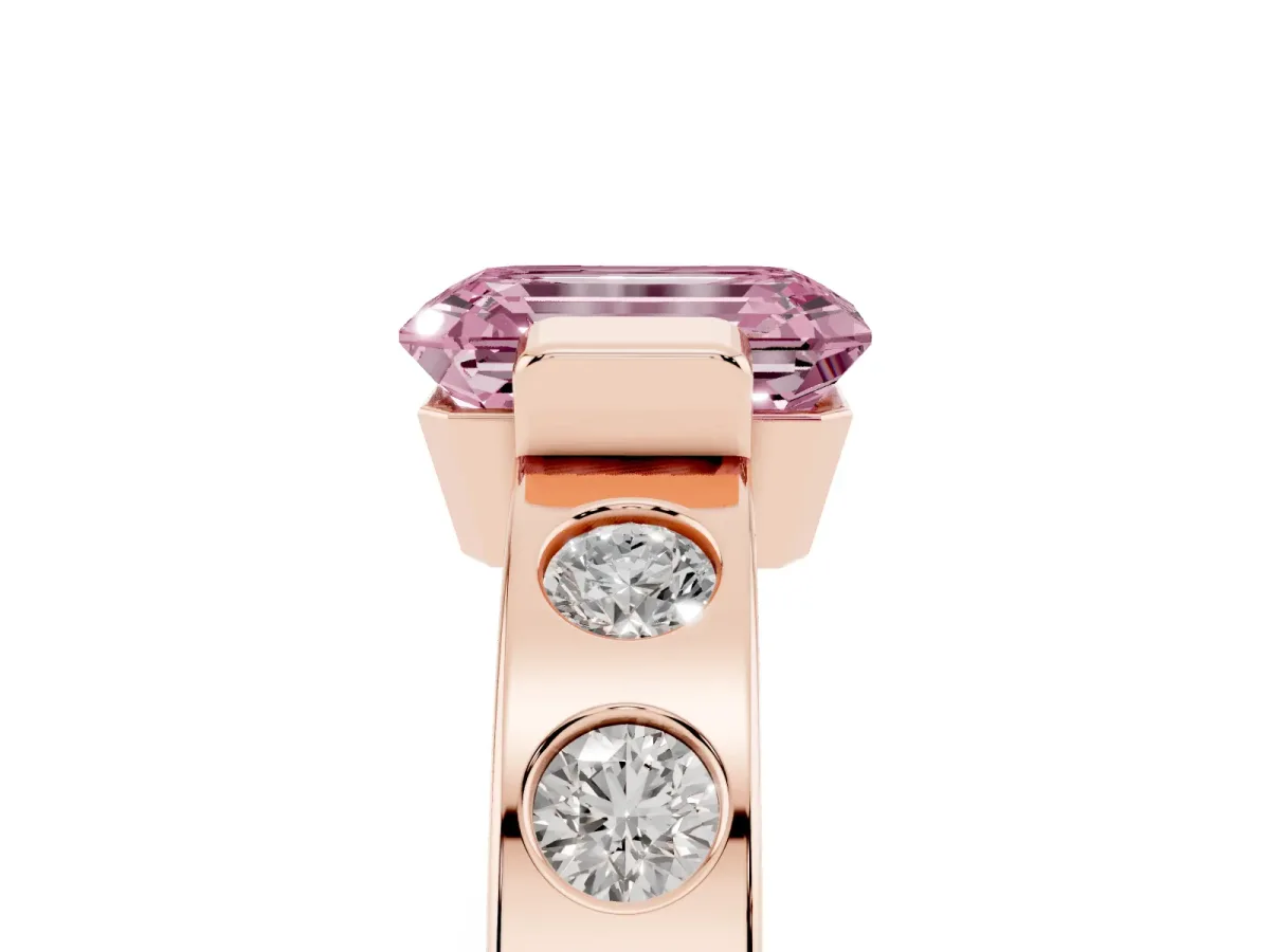 Fancy Pink Emerald Cut Brilliant Channel-Set Diamond Ring with Bezel Prong Setting Rose gold