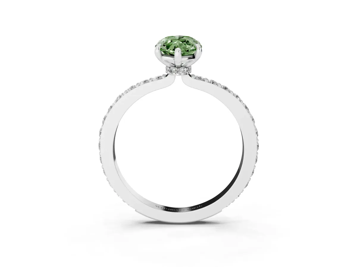 Fancy Green Marquise Cut Diamond Pavé Engagement Ring with Round Accents and Prong Setting Platinum