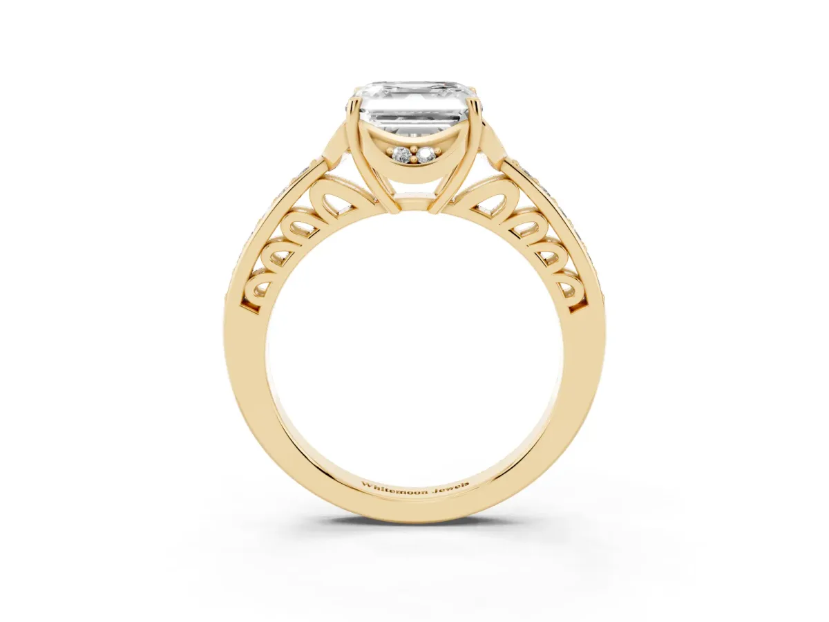 Asscher Cut Cut Halo Diamond Ring with Channel Set Band and Four-Prong Setting Yellow gold