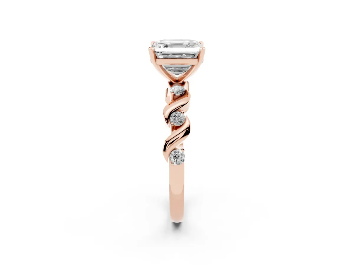 Asscher Cut Diamond Solitaire Twisted Band with Round Accents and Prong Setting Rose gold