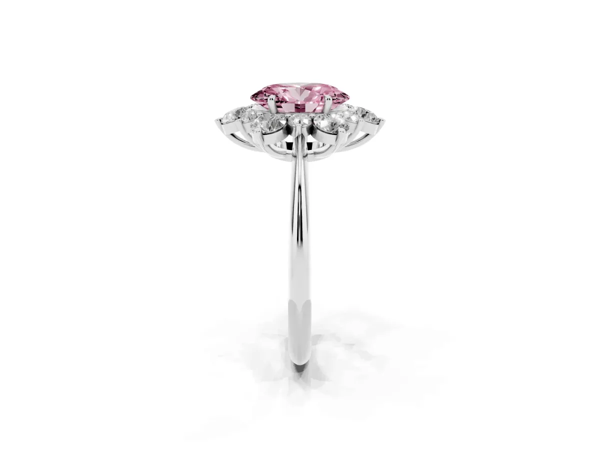 Fancy Pink Oval Cut Diamond Cluster Halo Ring with Solitaire Band and Four-Prong Setting Silver