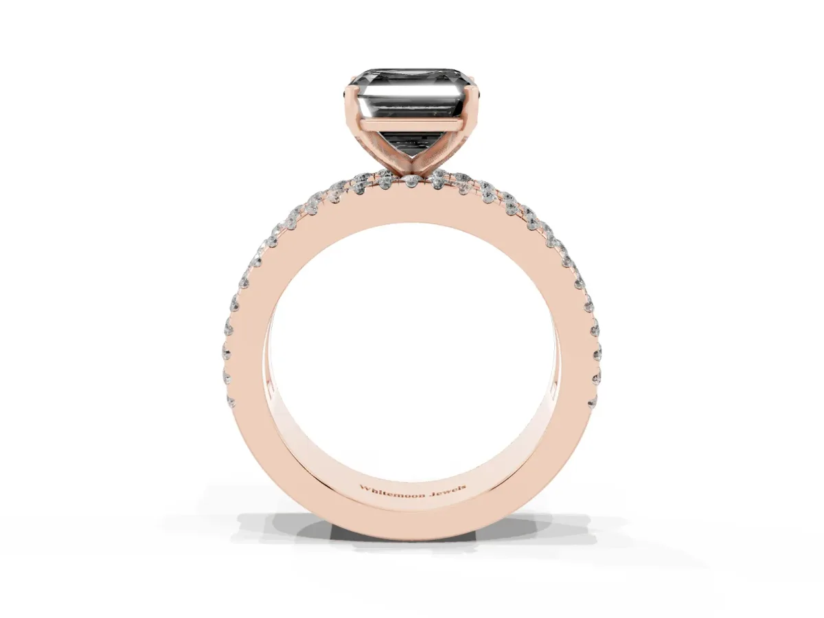 Fancy Black Asscher Cut Diamond Solitaire Ring with Pavé and Channel Set Band Rose gold