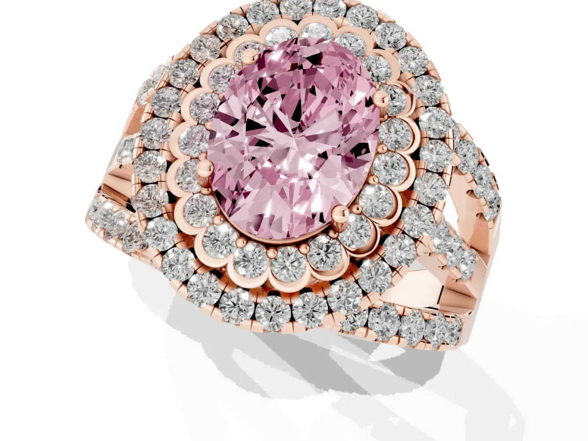 Fancy Pink Oval Cut Diamond Double Halo Ring with Round Pavé Split Shank and Prong Setting Rose gold