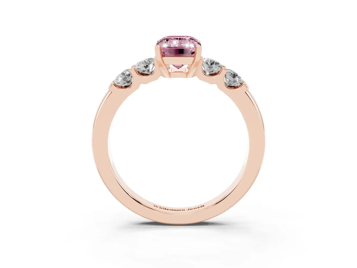 Fancy Pink Emerald Cut Brilliant Cut Diamond Five-Stone Prong Set Engagement Ring with Channel Band Rose gold