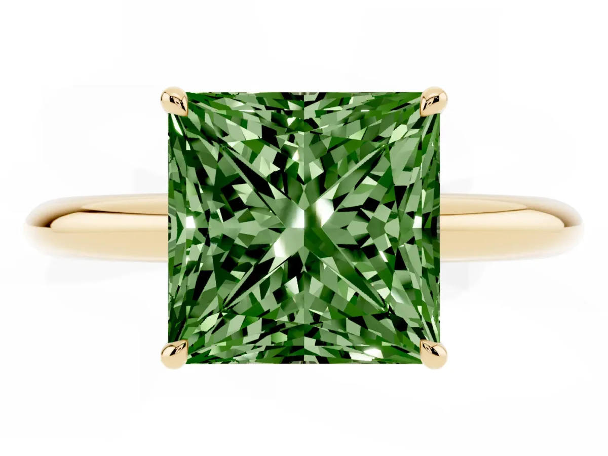 Fancy Green Princess Cut Brilliant Solitaire Engagement Ring with Six-Prong Setting and Classic Band Yellow gold