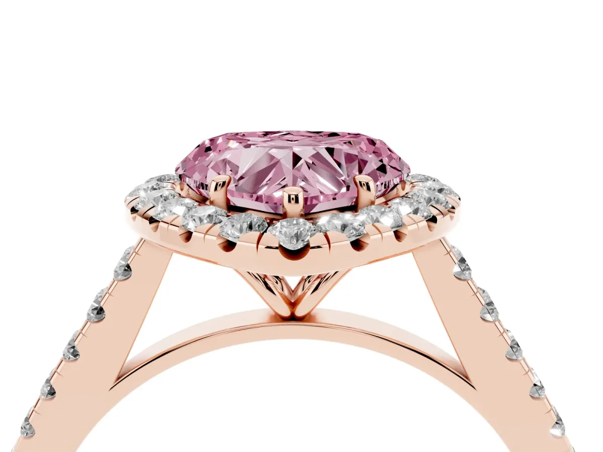 Fancy Pink Heart Cut Halo Pave Diamond Engagement Ring with Four-Prong Setting Rose gold