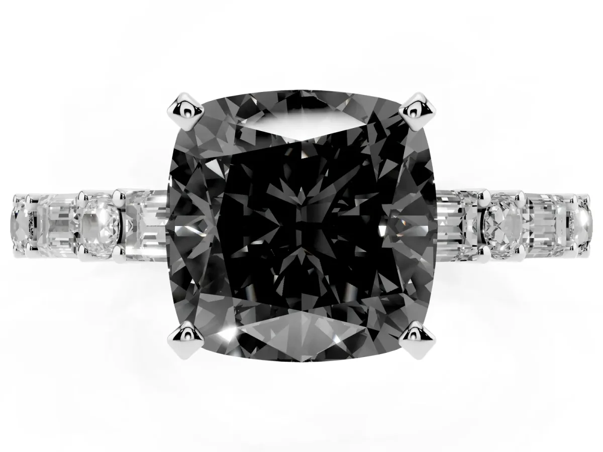 Fancy Black Cushion Cut Diamond Solitaire with Side Baguettes and Channel Set Band White gold