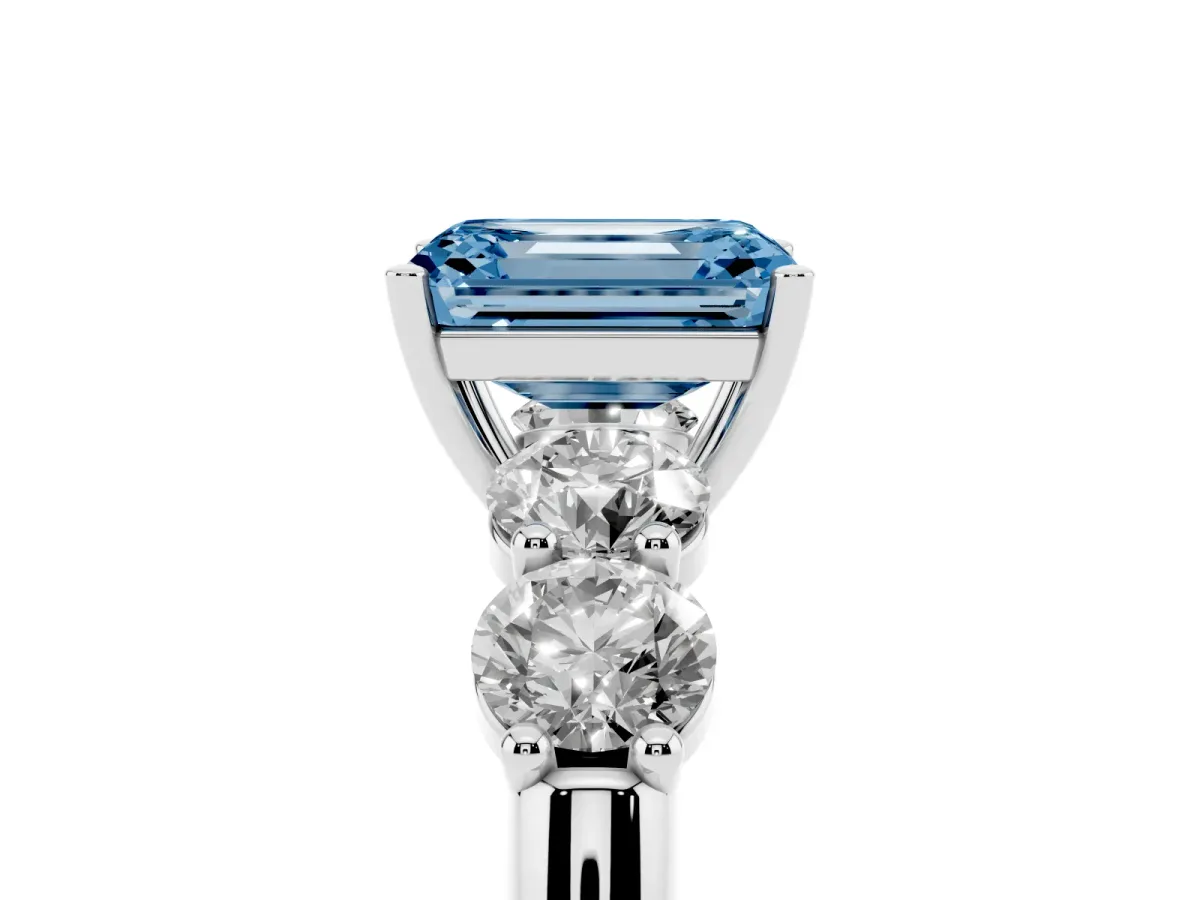 Fancy Blue Emerald Cut Cut Five-Stone Prong Set Diamond Ring with Classic Band Silver
