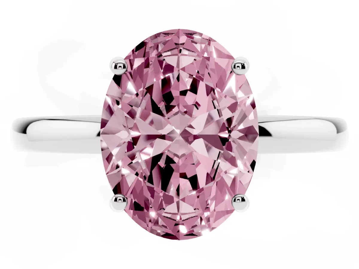Fancy Pink Oval Cut Solitaire Diamond Ring with Prong Setting and Plain Band Silver