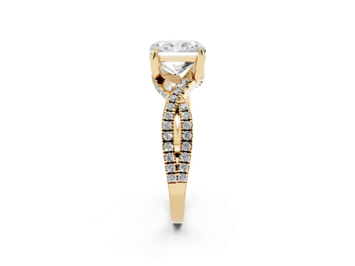 Radiant Cut Solitaire Twist Pave Diamond Engagement Ring with Prong Setting Yellow gold