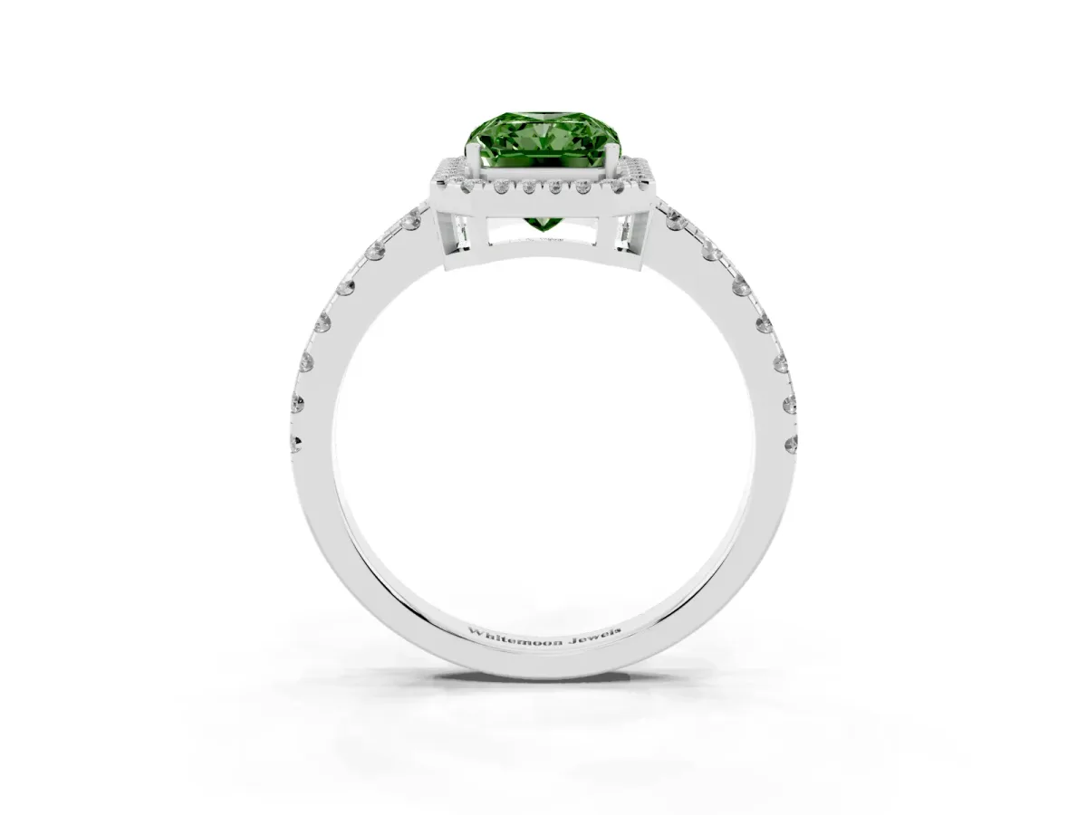 Fancy Green Radiant Cut Diamond Halo Ring with Pavé Band and Four-Prong Setting Platinum