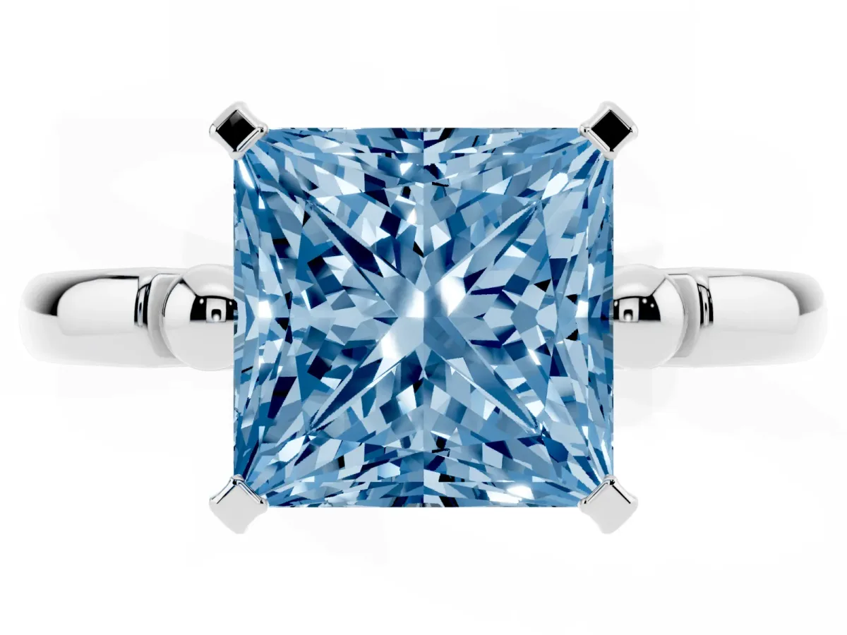 Fancy Blue Princess Cut Solitaire Beaded Band with Four-Prong Setting White gold