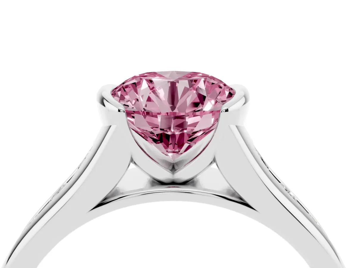 Fancy Pink Round Cut Solitaire Bezel-Set Diamond Ring with Channel-Set Band Platinum