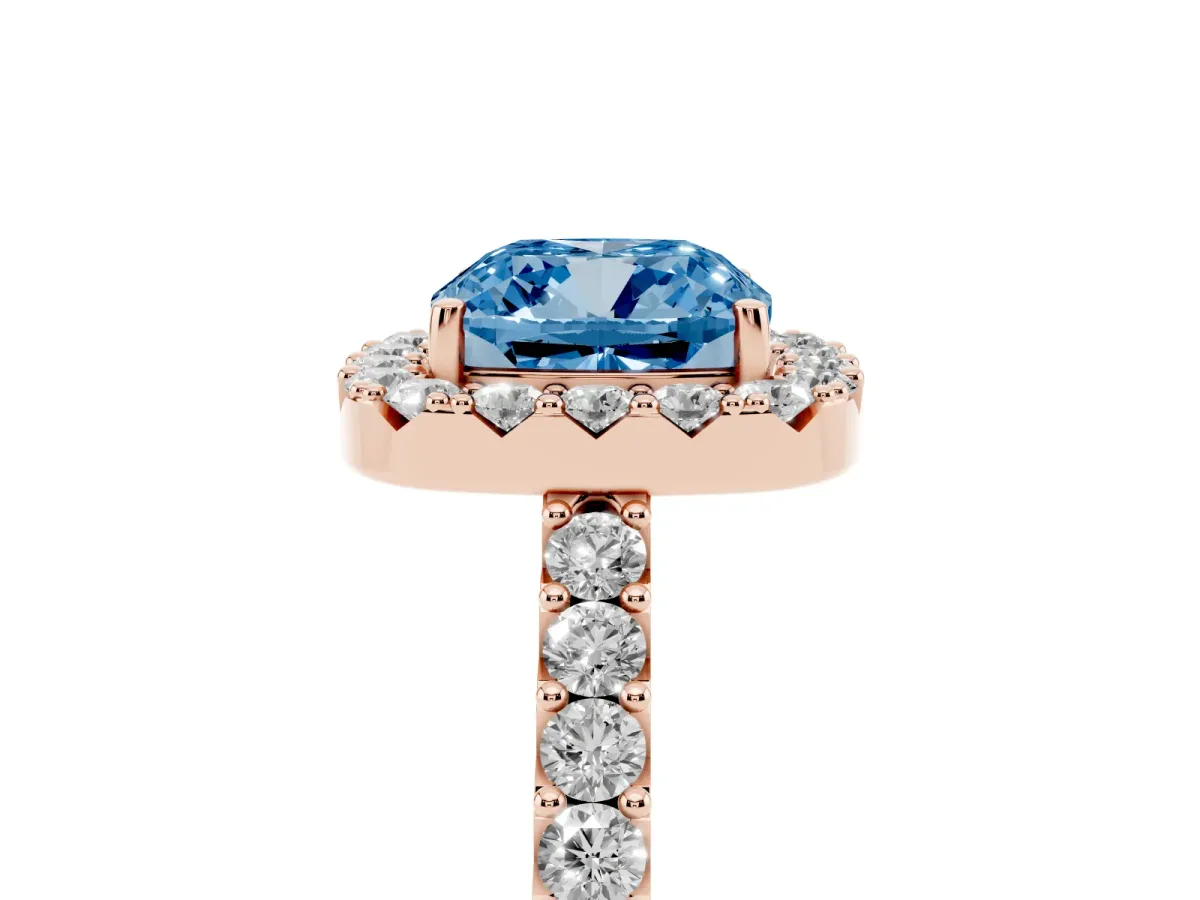 Fancy Blue Cushion Cut Halo Diamond Pavé Solitaire Ring Rose gold