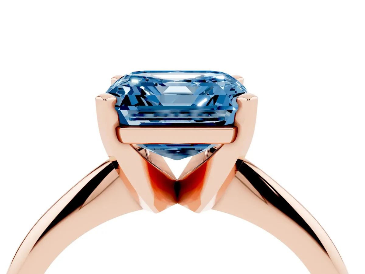 Fancy Blue Asscher Cut Cut Solitaire Ring with Four-Prong Setting on a Classic Band Rose gold