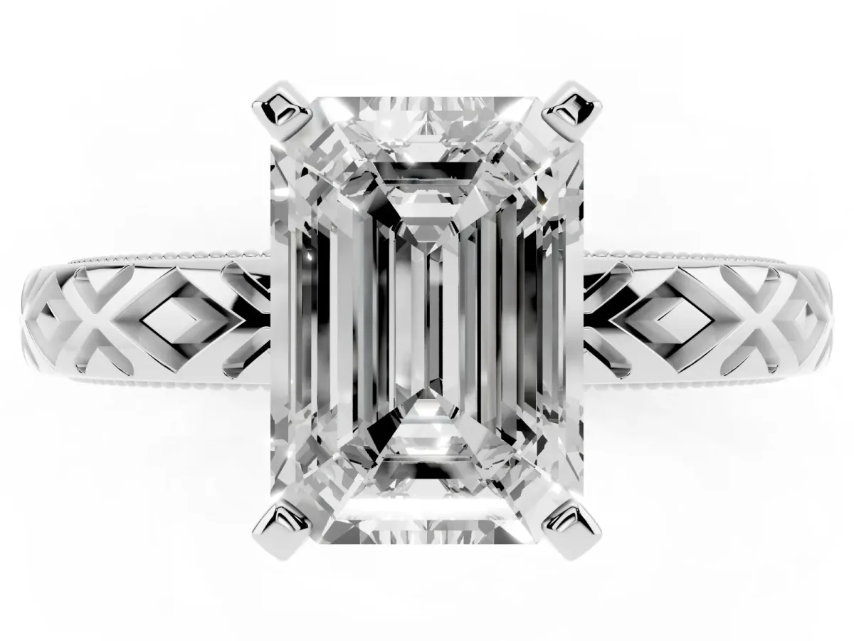 Emerald Cut Solitaire Diamond Ring with Milgrain and Black Enamel X Pattern Band Silver