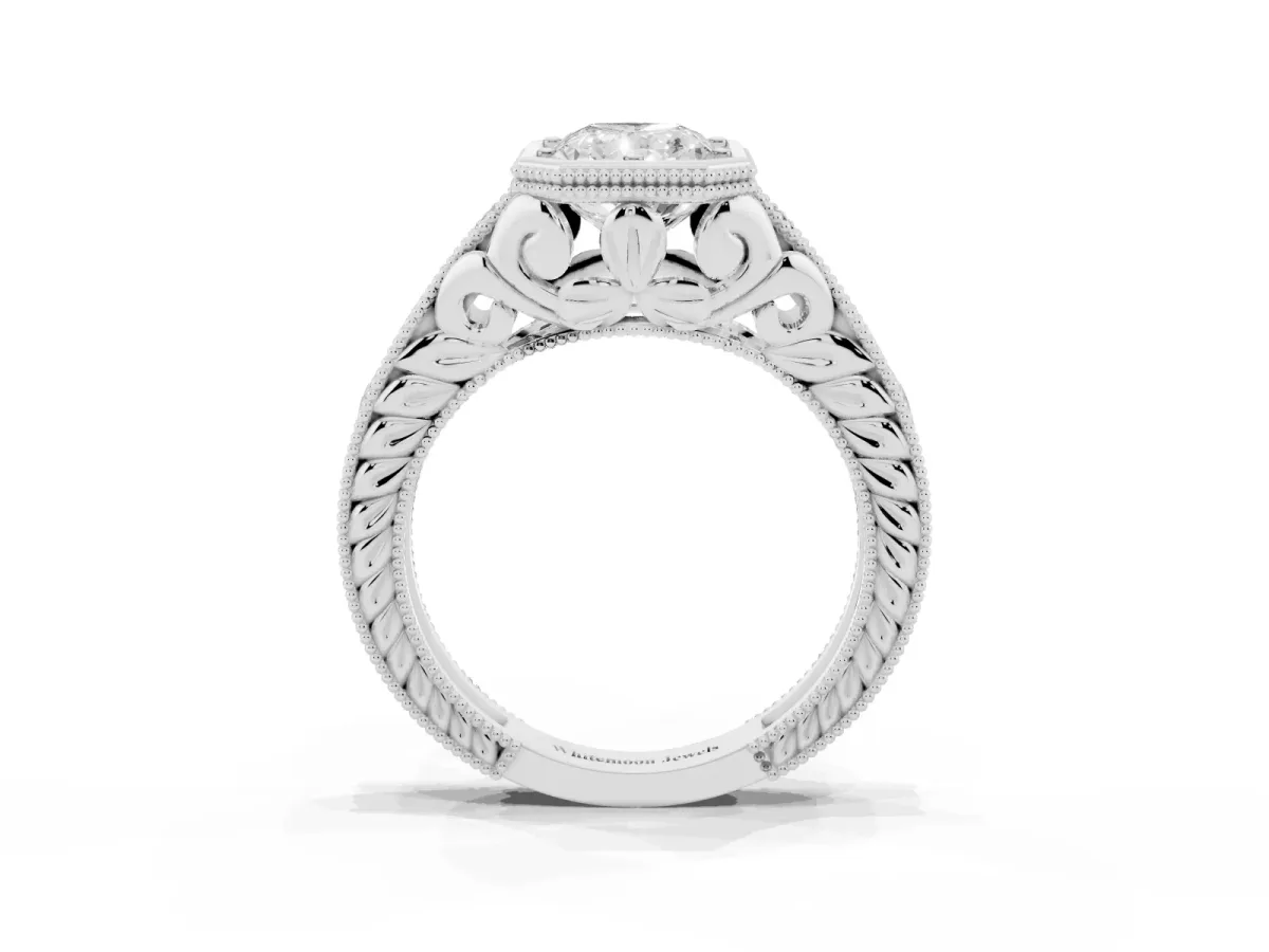 Bezel Set Radiant Cut Diamond Milgrain Pave Engagement Ring Silver