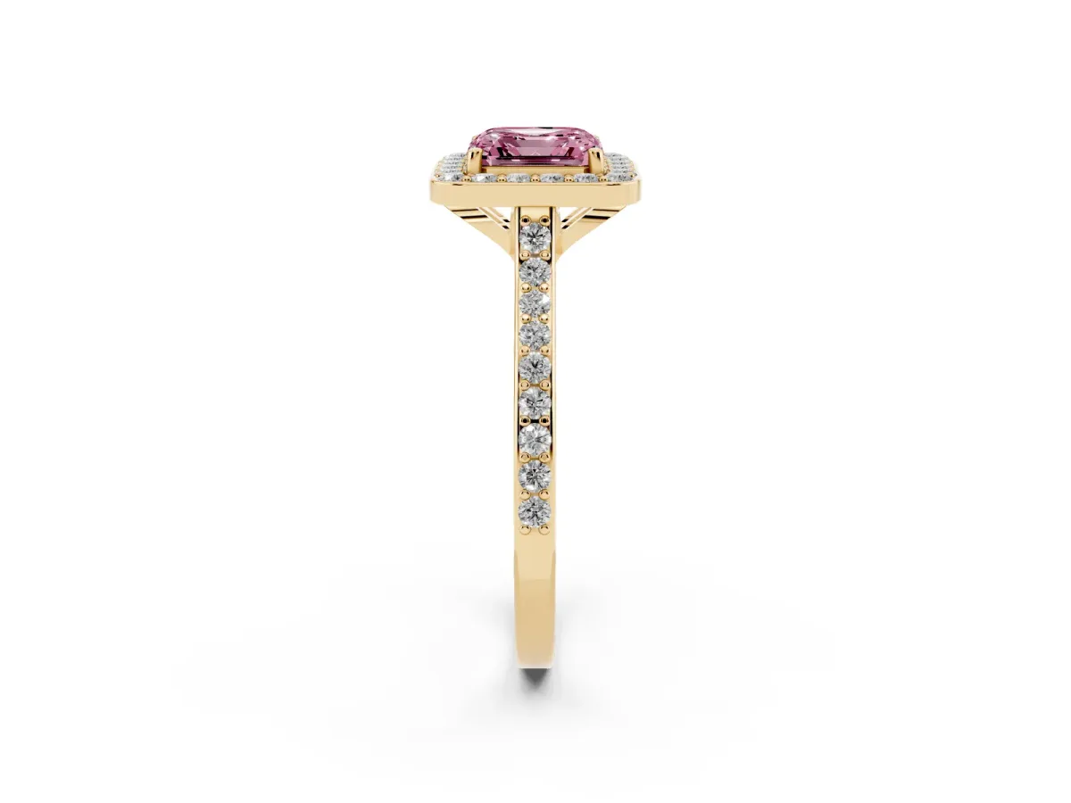 Fancy Pink Asscher Cut Diamond Halo Engagement Ring with Round Pavé Shoulders and Prong Setting Yellow gold