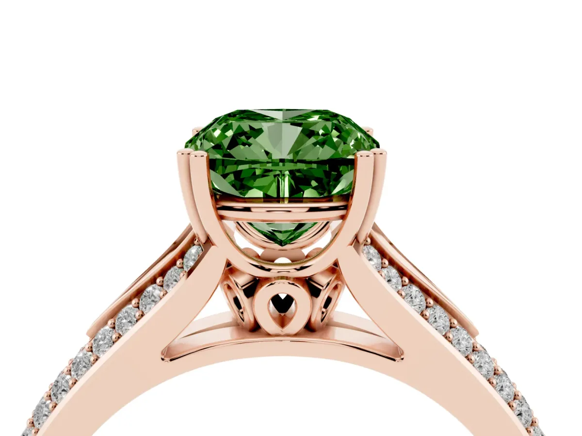 Fancy Green Cushion Cut Diamond Split Shank Engagement Ring with Pavé Band Rose gold