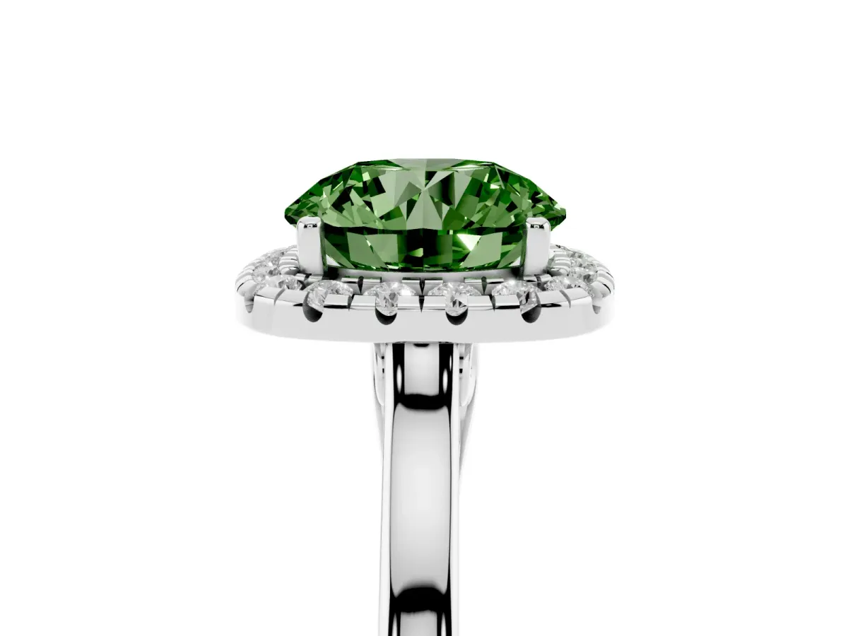 Fancy Green Round Cut Halo Round Diamond Solitaire Ring with Pavé Band and Four-Prong Setting Platinum