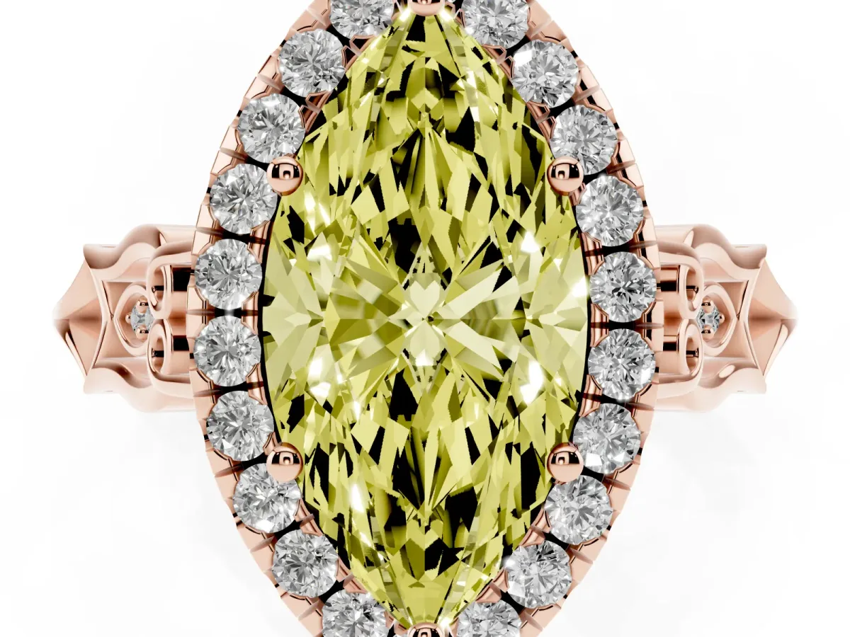 Fancy Yellow Marquise Cut Halo Diamond Engagement Ring with Filigree Band and Four-Prong Setting Rose gold