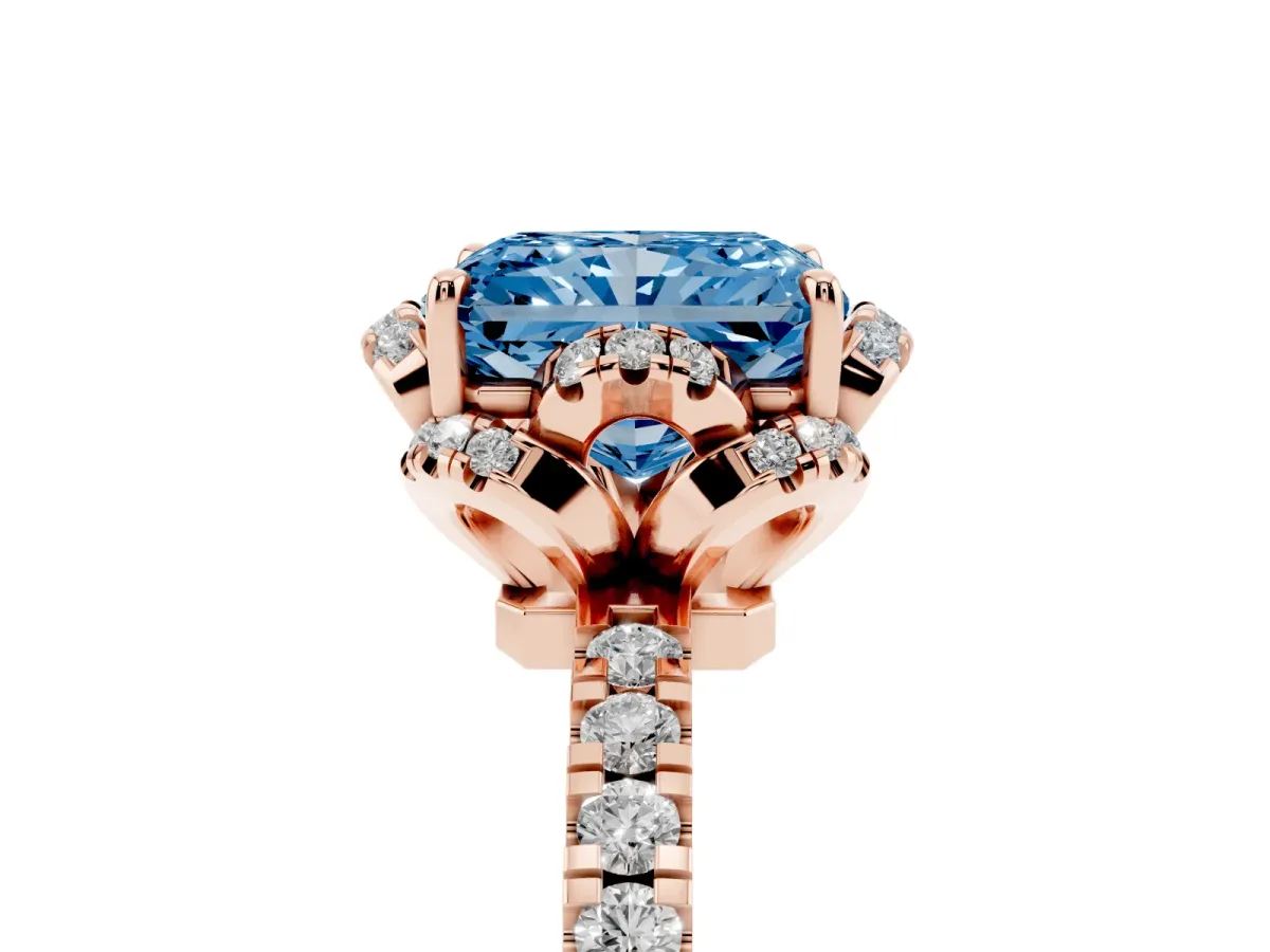 Fancy Blue Radiant Cut Diamond Halo Pave Band with Four-Prong Setting Rose gold