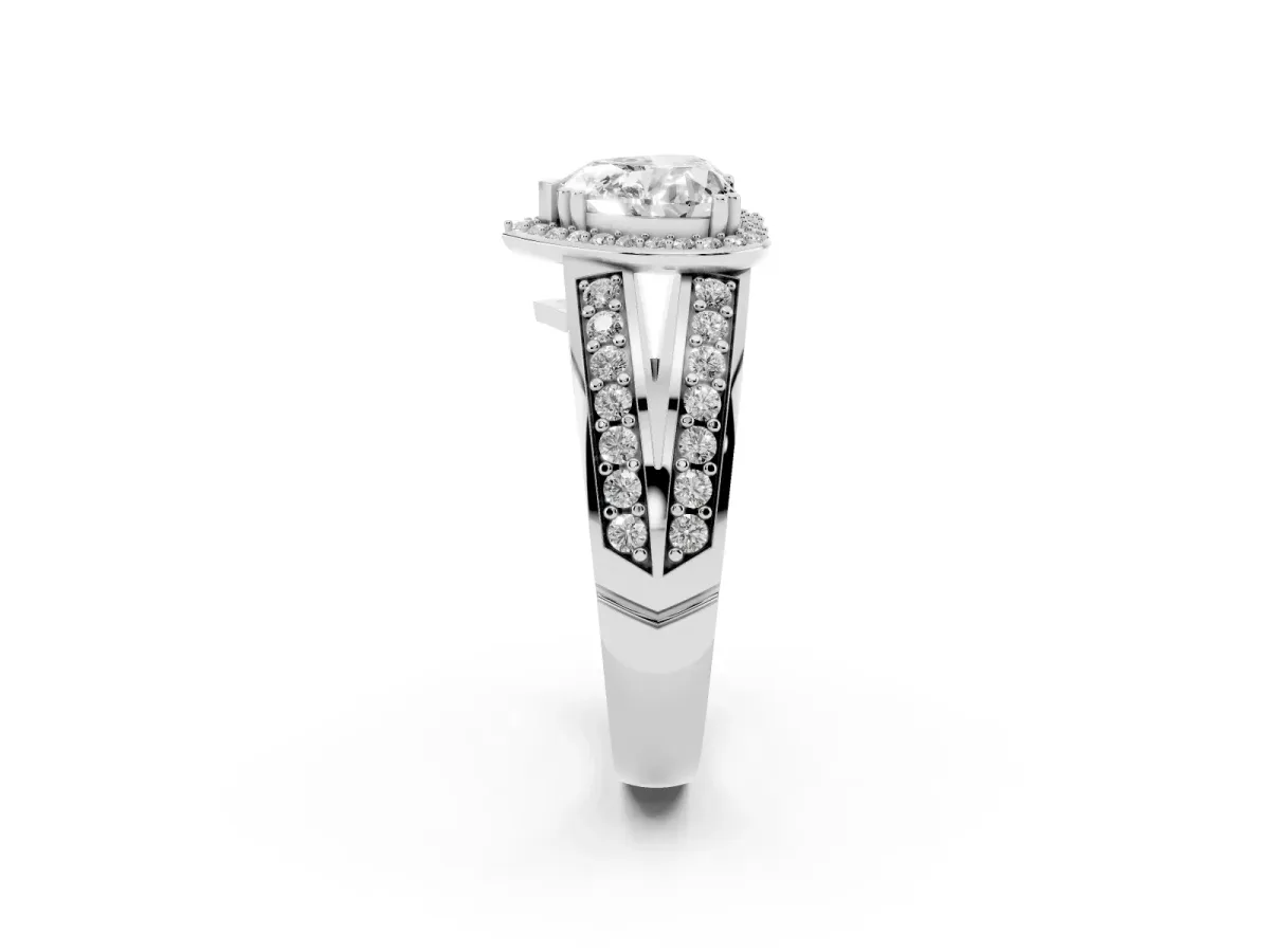 Heart Cut Diamond Halo Ring with Split Shank Pavé Band and Four-Prong Setting White gold