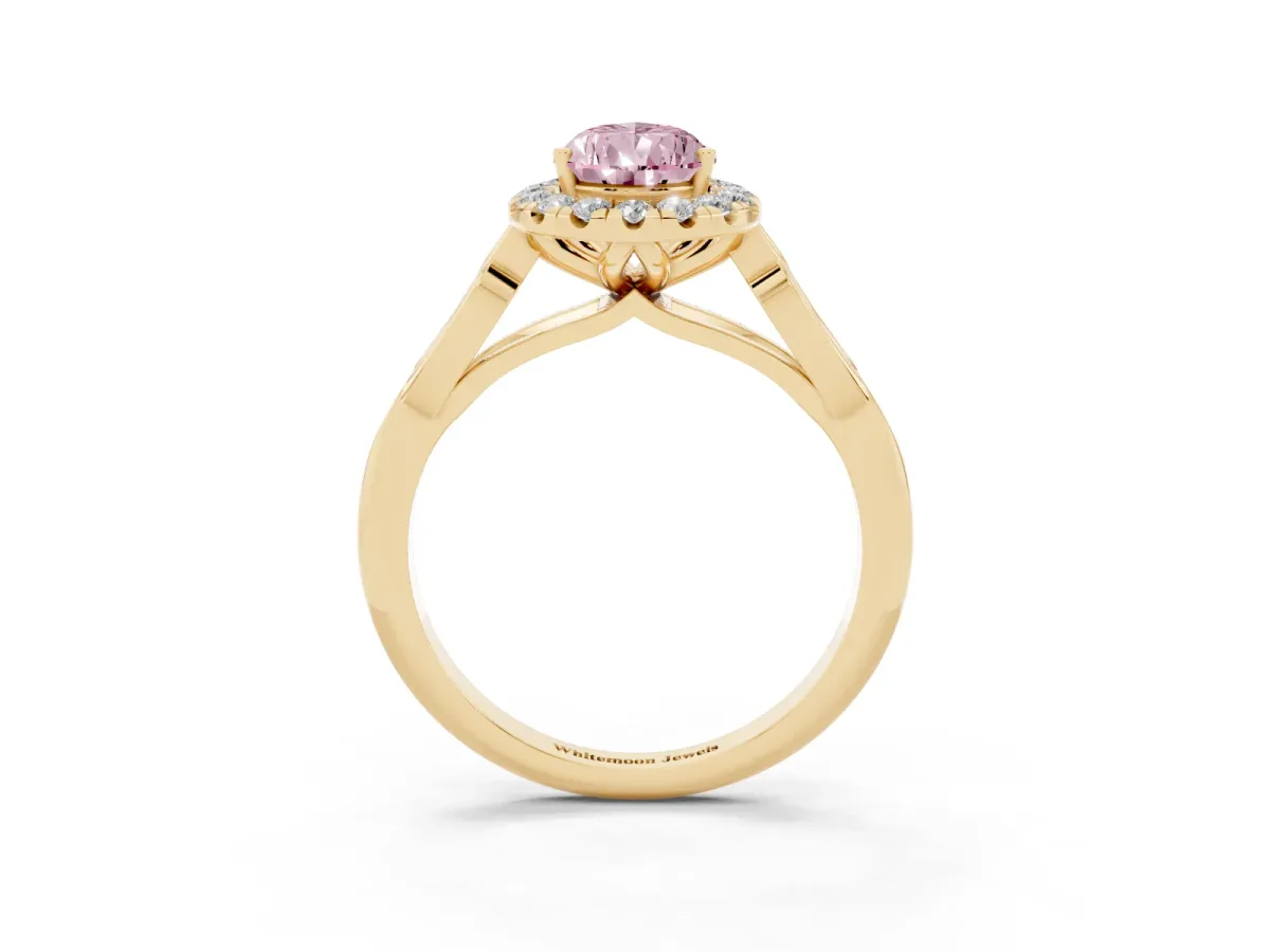 Fancy Pink Pear Cut Halo Diamond Engagement Ring with Filigree Band and Four-Prong Setting Yellow gold
