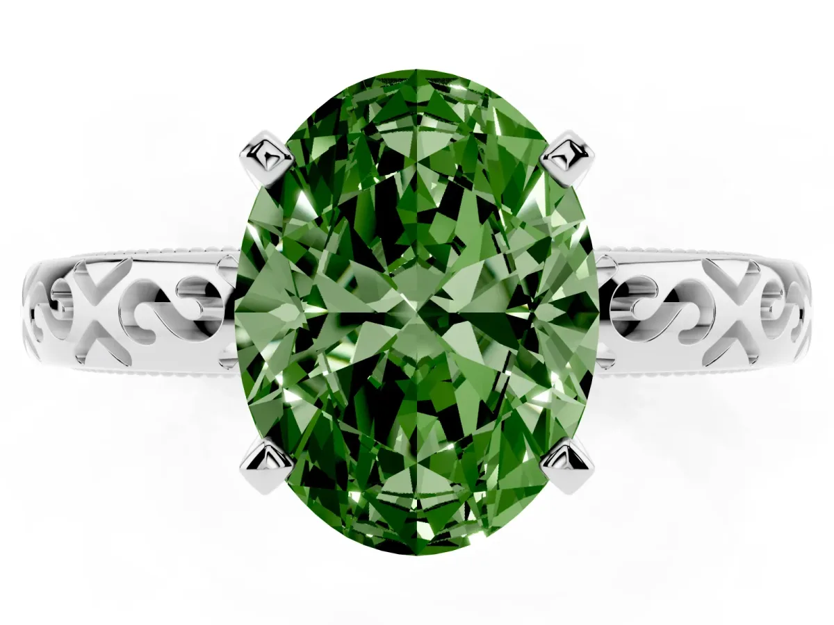 Fancy Green Oval Cut Solitaire Engagement Ring with Scrollwork Band and Four-Prong Setting White gold