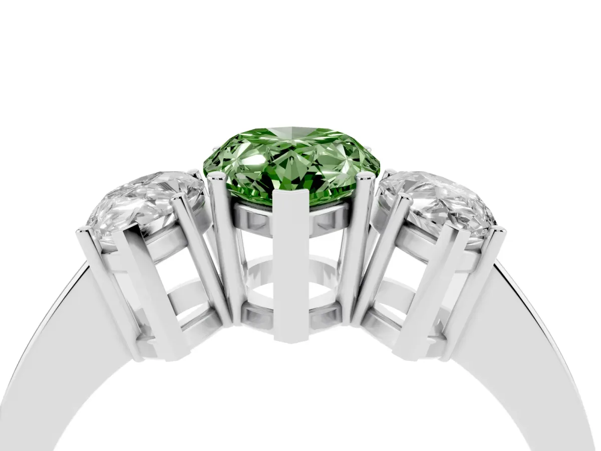 Fancy Green Three-Stone Pear Cut Cut Diamond Engagement Ring with Flat Band and Four-Prong Setting Silver