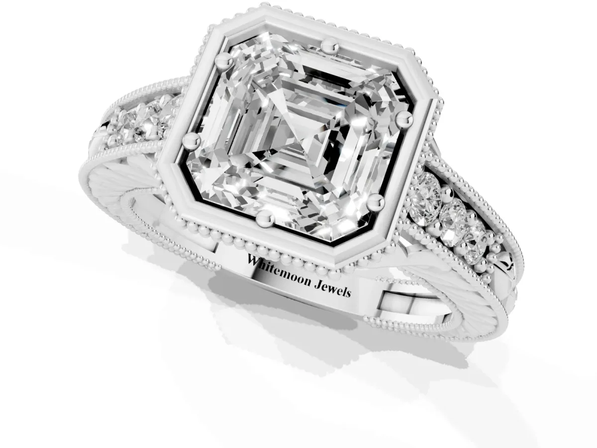 Bezel Set Asscher Cut Diamond Milgrain Pave Engagement Ring White gold
