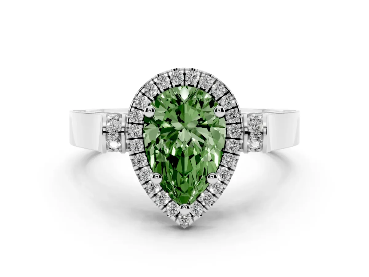 Fancy Green Pear Cut Halo Pave Split Shank Prong Setting Ring Silver