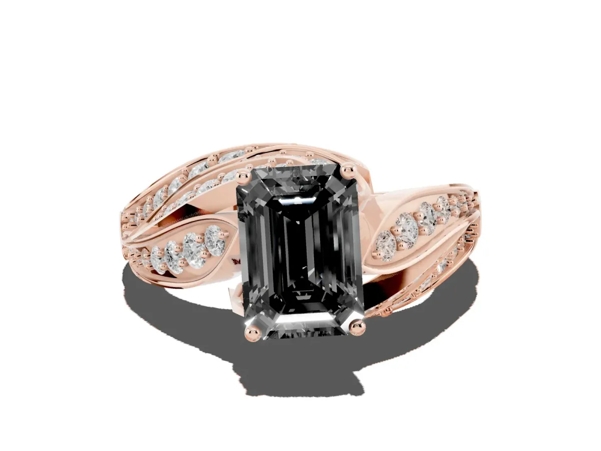Fancy Black Emerald Cut Diamond Solitaire Ring with Prong Setting and Twisted Pavé Band Rose gold