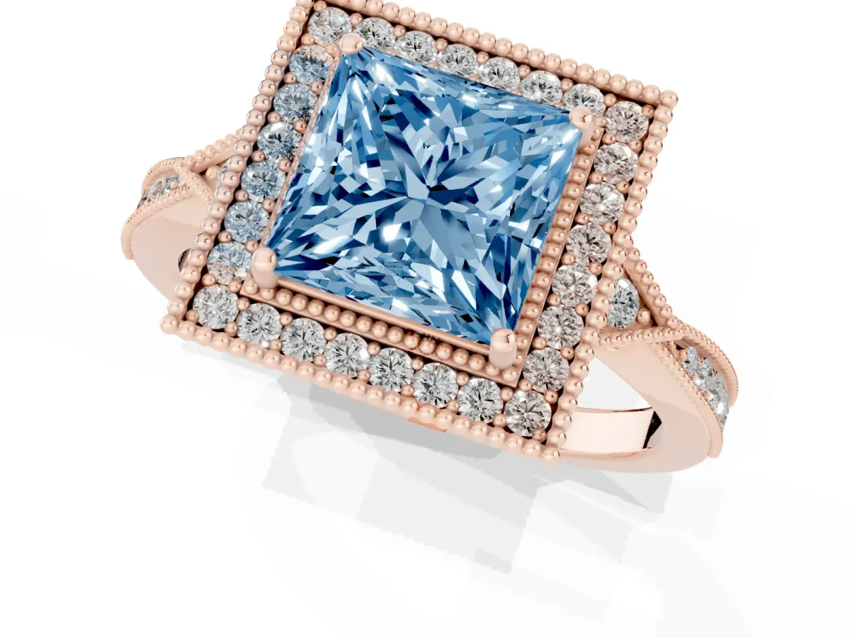 Fancy Blue Princess Cut Halo Round Diamond Milgrain Pave Engagement Ring Rose gold