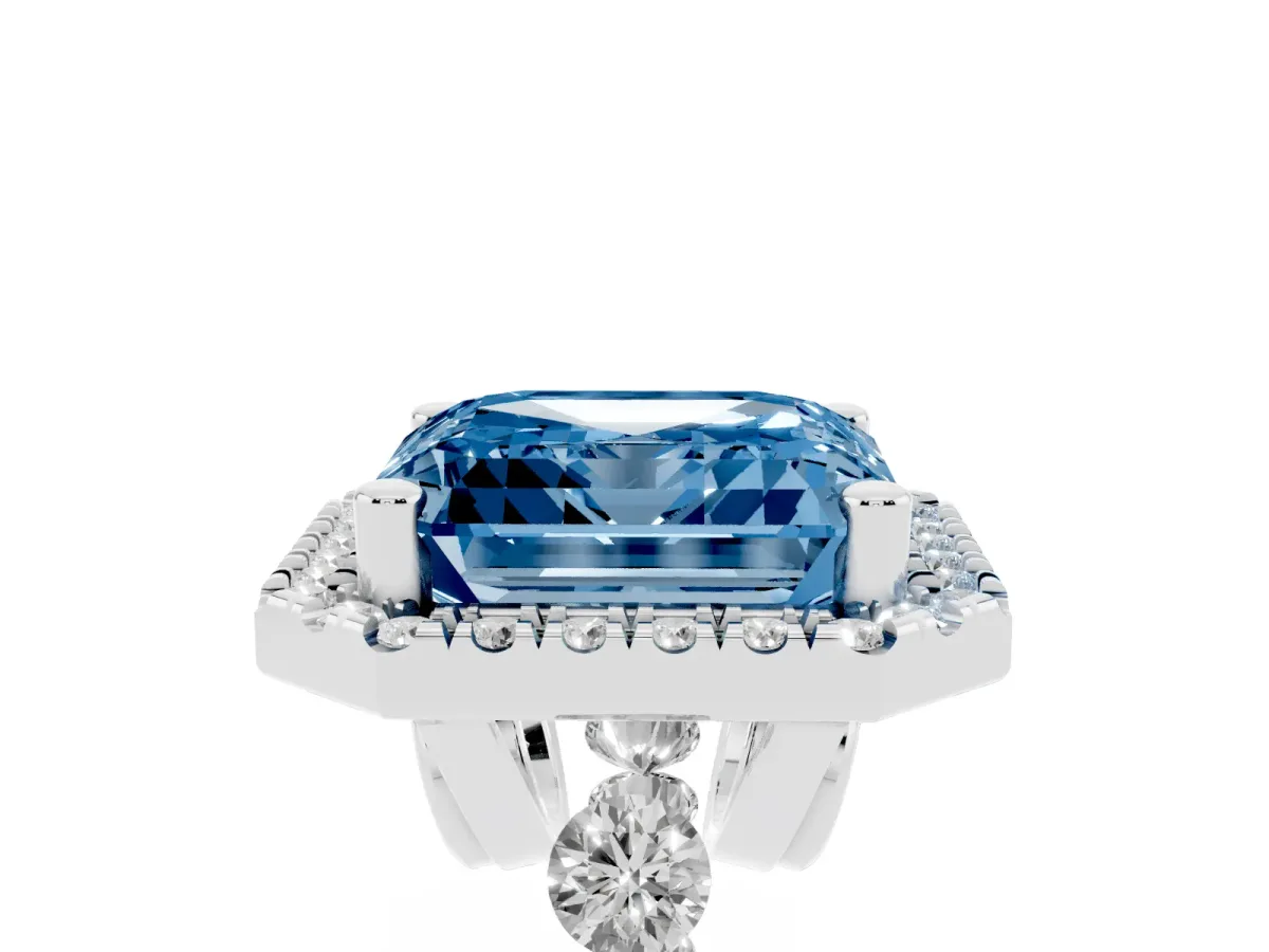 Fancy Blue Asscher Cut Halo Pavé Diamond Engagement Ring with Four-Prong Setting Silver