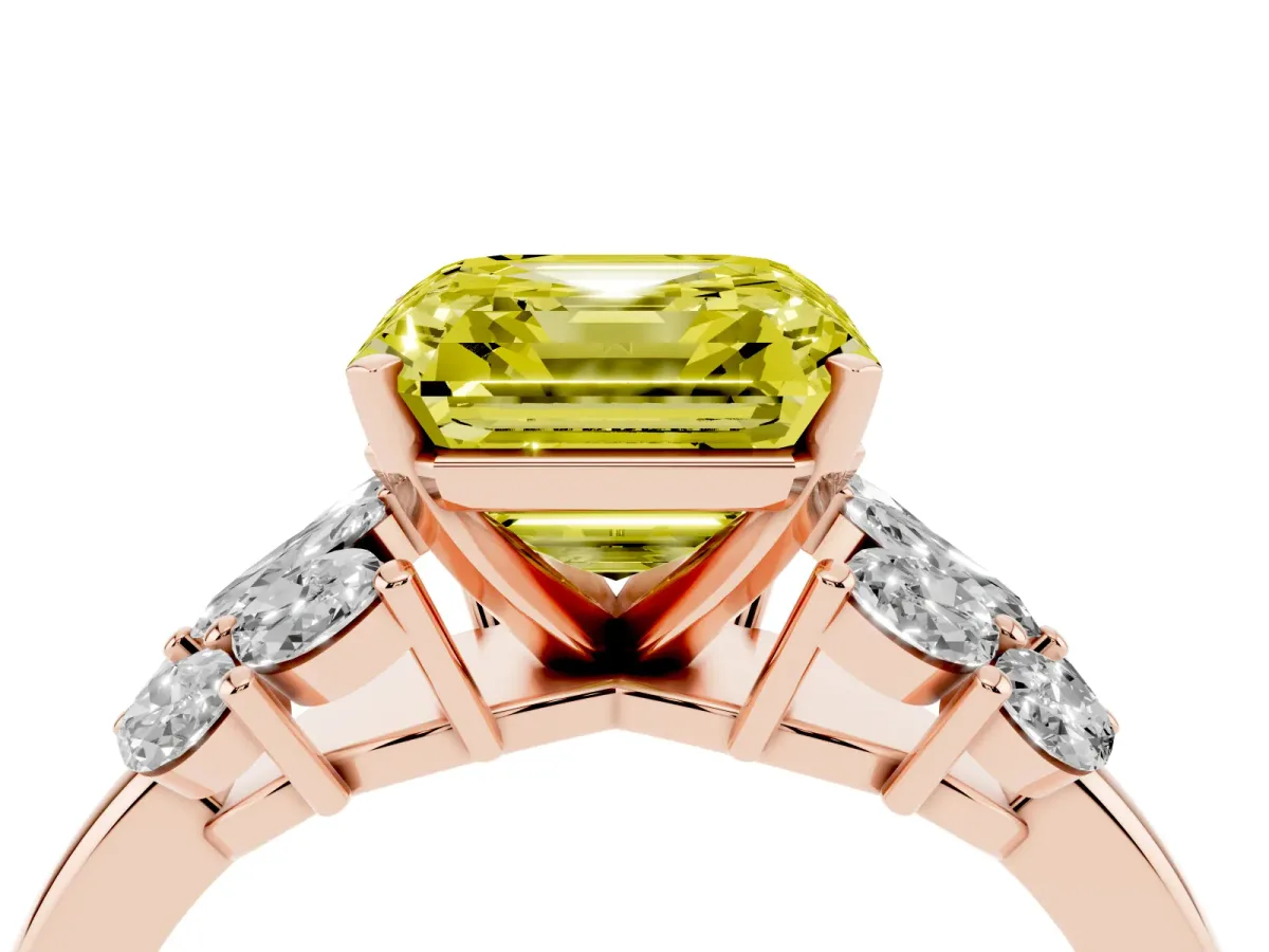 Fancy Yellow Asscher Cut Diamond Cluster Leaf Design Ring with Prong Setting Rose gold