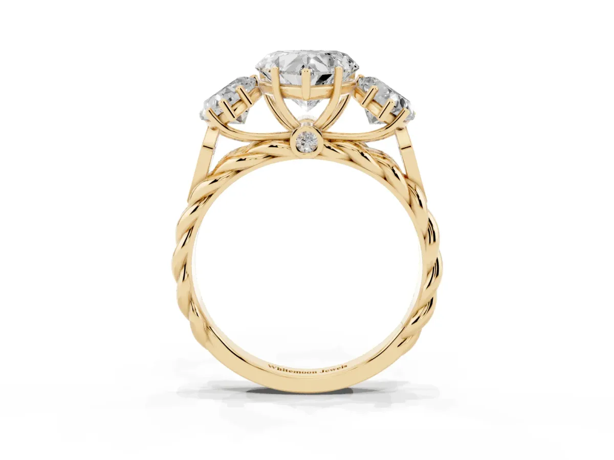 Three-Stone Heart Cut Diamond Braided Band Ring with Four-Prong Setting Yellow gold