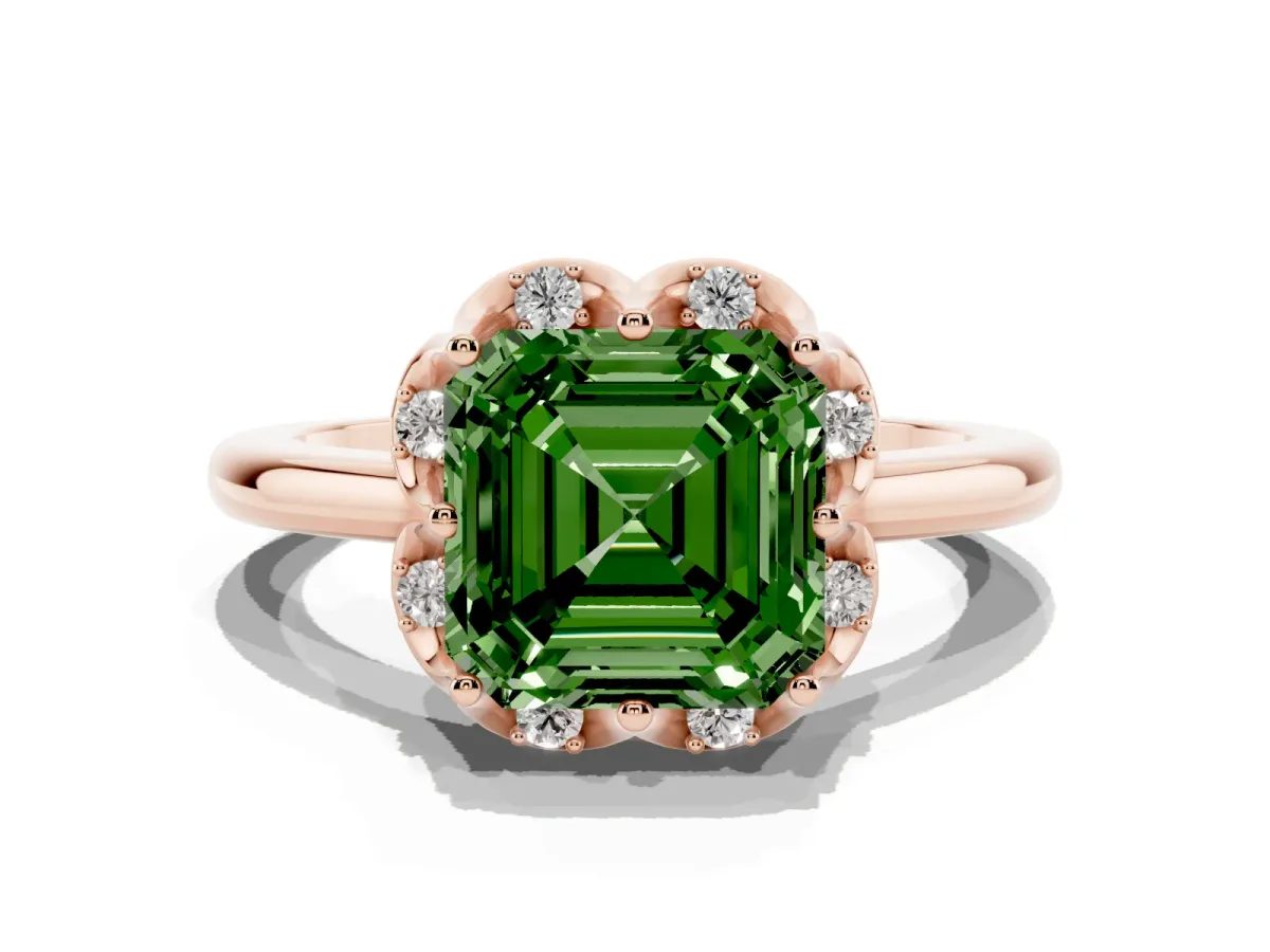 Fancy Green Asscher Cut Halo Diamond Ring with Round Cluster Setting, Solitaire Band, and Four-Prong Setting Rose gold