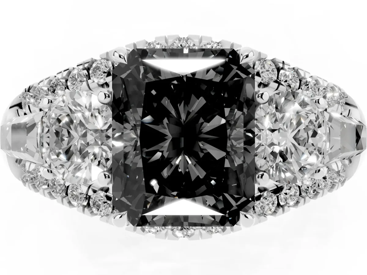 Fancy Black Three-Stone Radiant Cut Diamond Engagement Ring with Pave Band and Prong Setting Silver